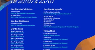 CRONOGRAMA DE OBRAS DA REDE DE ESGOTO | Águas de Sinop · entre o dia 20 a 25/07